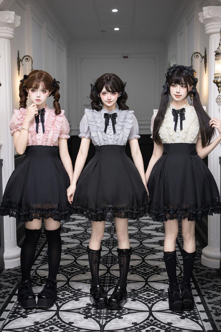 Miss Lola Snow Kiss Stand Collar Short Puff Sleeves Ruffled Color-Blocked Faux Two-Piece Sweet Lolita Dress 3 Colors - Black