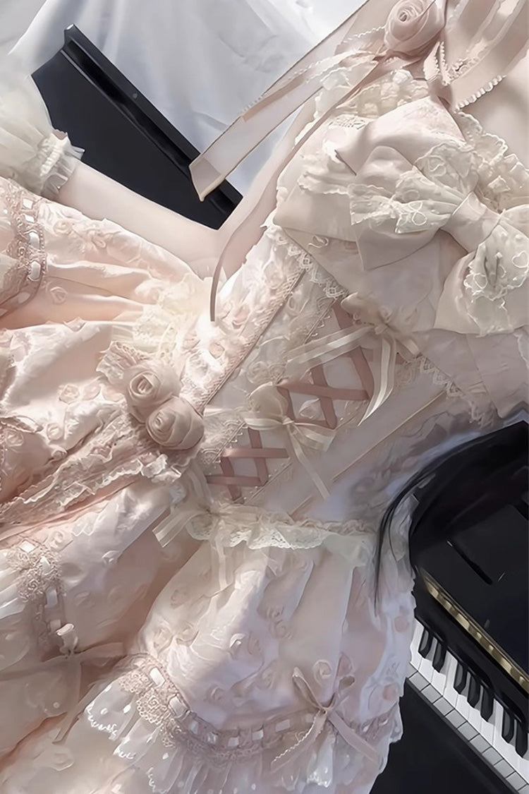 Pink Double-Layered Ruffled Embroidered Bow Lace Sweet JSK - Floral Overture