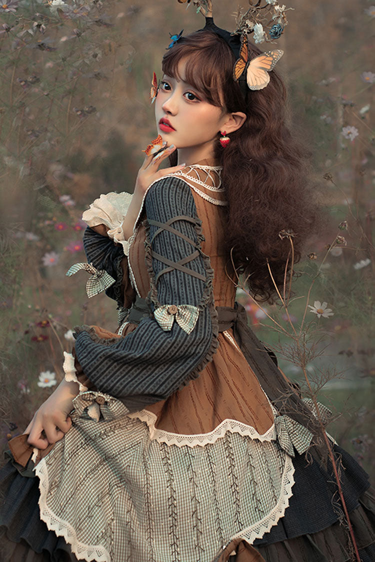 Multi-Color Retro Classic Lolita OP Dress Stitching Color Ruffled Tiered - Altfashion Shop