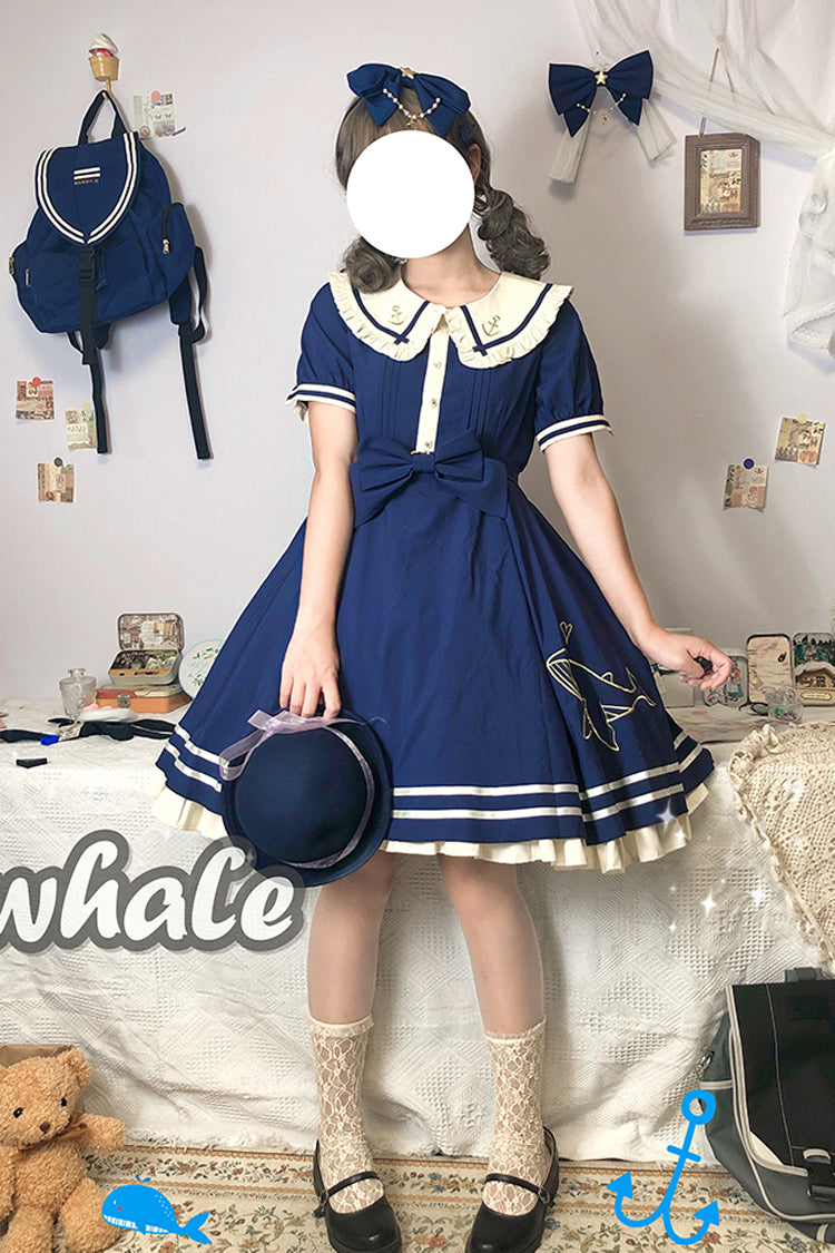 Navy Sailor Short Sleeve Sweet Lolita Dress with Whale Print