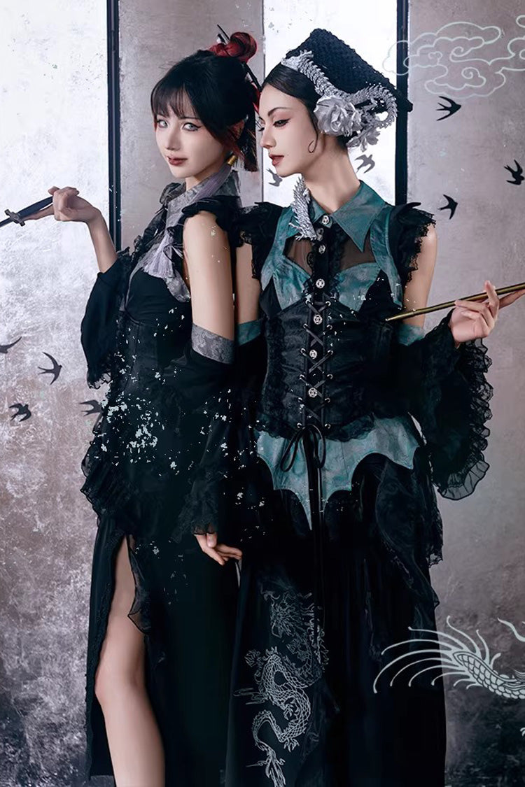 Sky Dragon Chinese Gothic Lolita Embroidered Skirt Set with Print