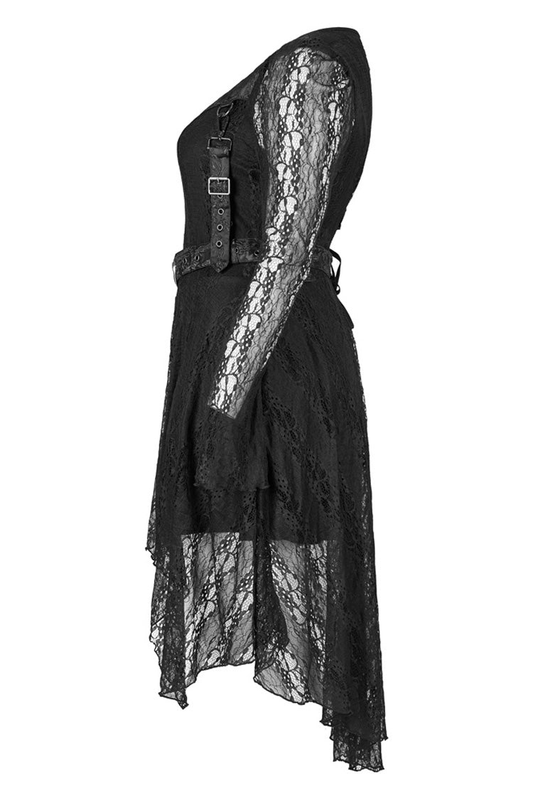 Modal Cotton Lace Patchwork Belted Long Sleeve Gothic Dress