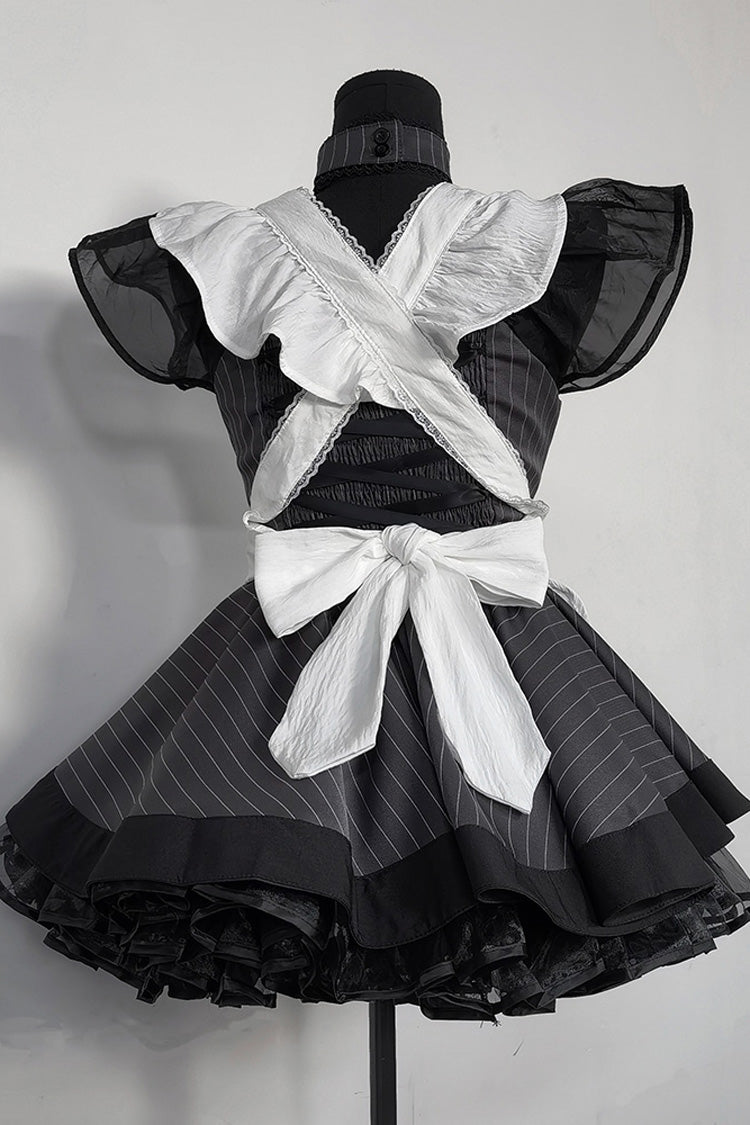 Grey Stripe Print Ruffled Bow Gothic Japanese Maid Dress