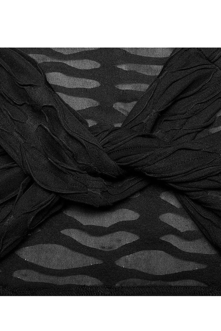 Jet-Black Stretch Knit Tee with Twisted Detail for Women
