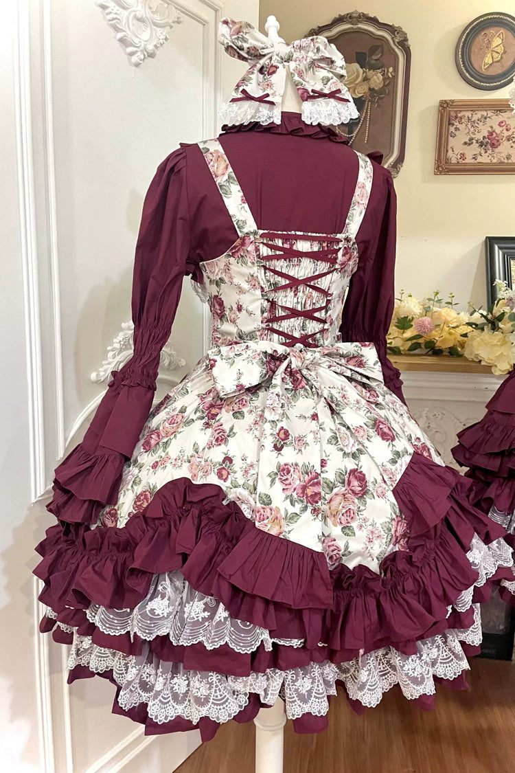 Burgundy Off-Shoulder JSK Dress with Ruffled Lace