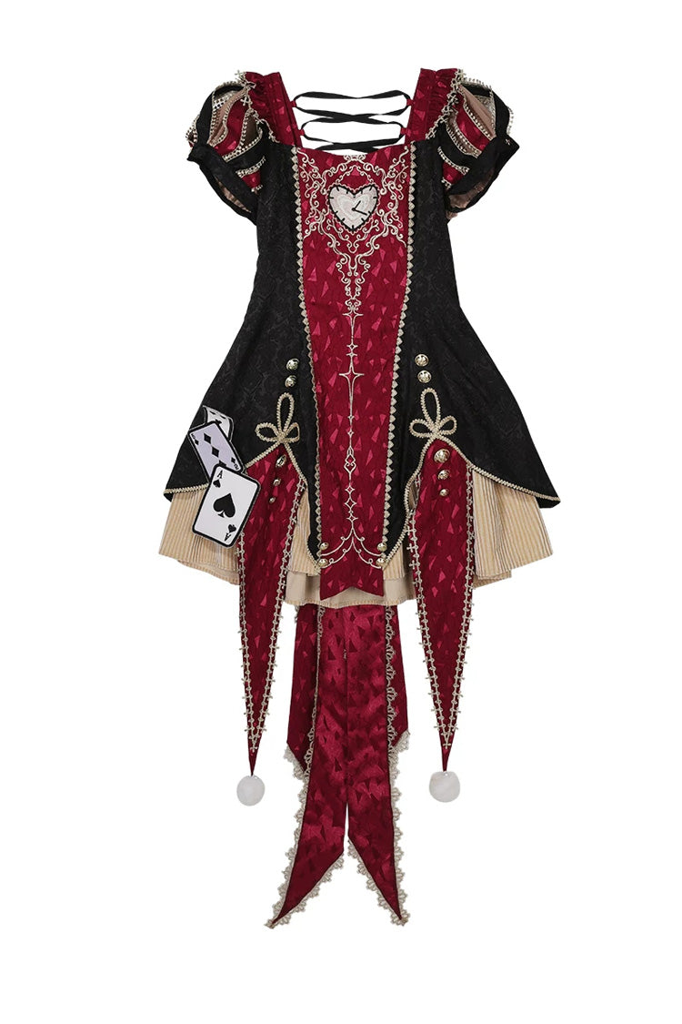 Black/Red Stand Collar Gothic Dress Set with Jacquard