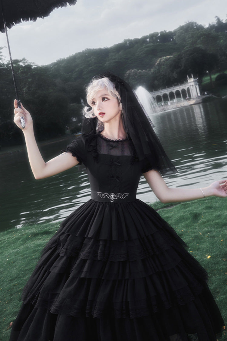 Black Gothic Dress with Five-Tiered Ruffle Sleeves