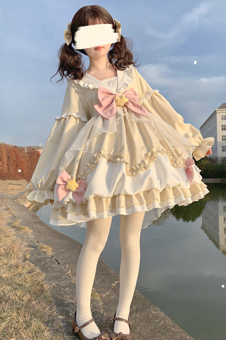 Pray Star Sweet Lolita Dress with Double Ruffles and Stitching