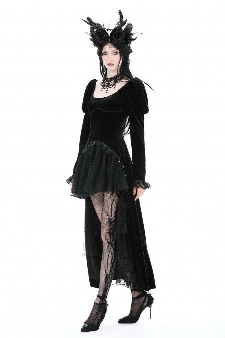 Ink Crewneck Long Puff-Sleeve Lace Hem High-Low Velvet Gothic Wedding Dress for Women