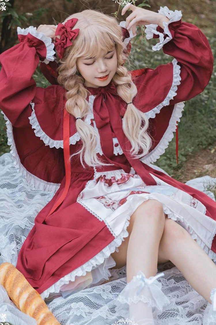 Little Red Riding Hood Red Sleeveless Print Ruffle Bowknot Sweet Princess JSK Dress