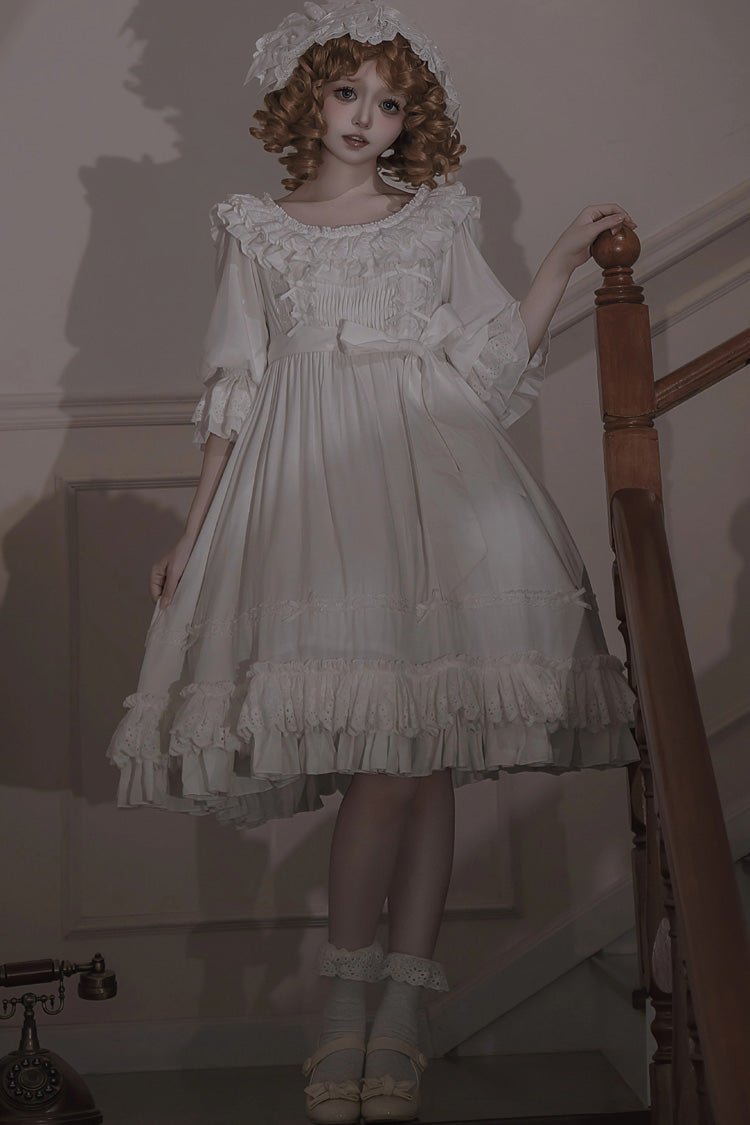 Ivory Short Sleeve Ruffle Bow Lace-Up Gothic Dress