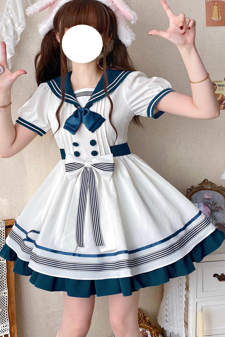 White/Green Navy Collar Short Sleeve Ruffled Bow Sweet Lolita Dress