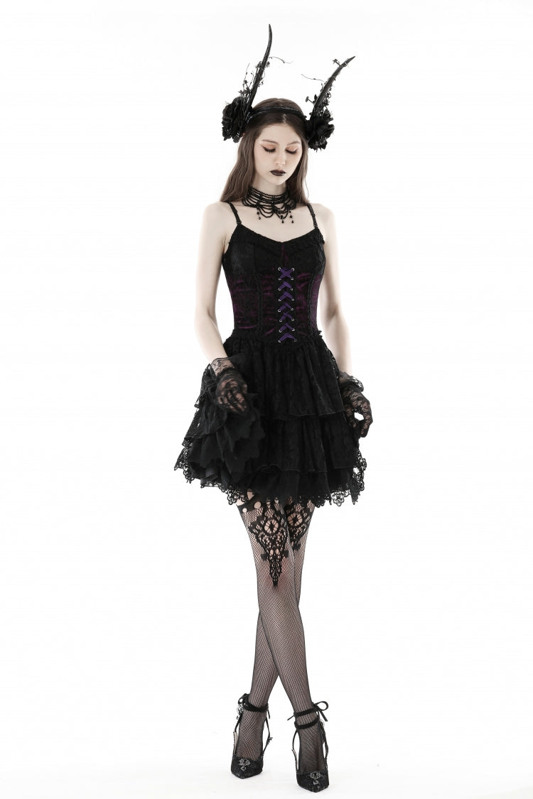 Black/Purple Multi-Layer Lace Lace-Up Gothic Dress