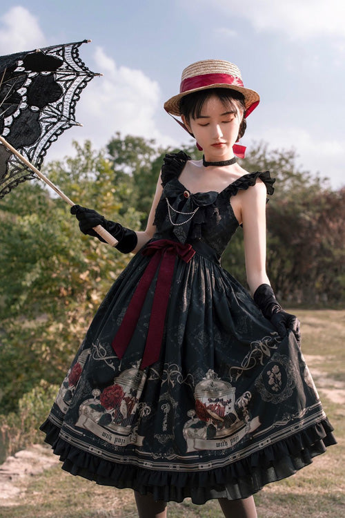 Strapless Gothic Lolita JSK with Rose Print and Bowknot Ruffles