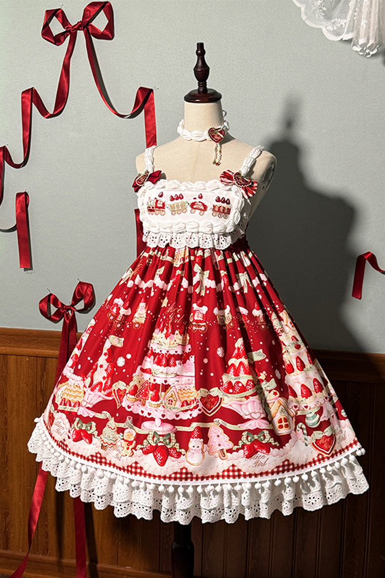 Mint Strawberry Dessert Printed High-Waisted Sweet Lolita JSK Dress - Ruffled