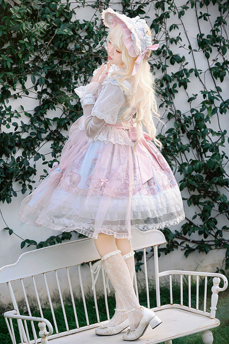 Pink Blue Multi Print Ruffle Bow Lace Sweet Gorgeous Lolita Jsk Dress