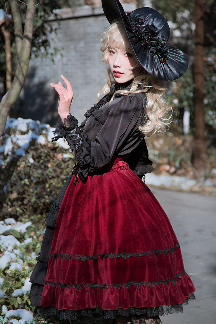 Black/Red Gothic Lolita Skirt Dress Stitching Cardigan Ruffled - Altfashion Shop