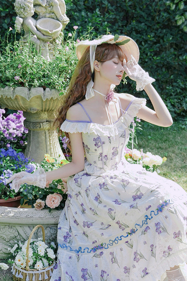 Cream Moonlight Iris Off-Shoulder Print Embroidery Lace Frilled Sweet Lolita JSK Dress
