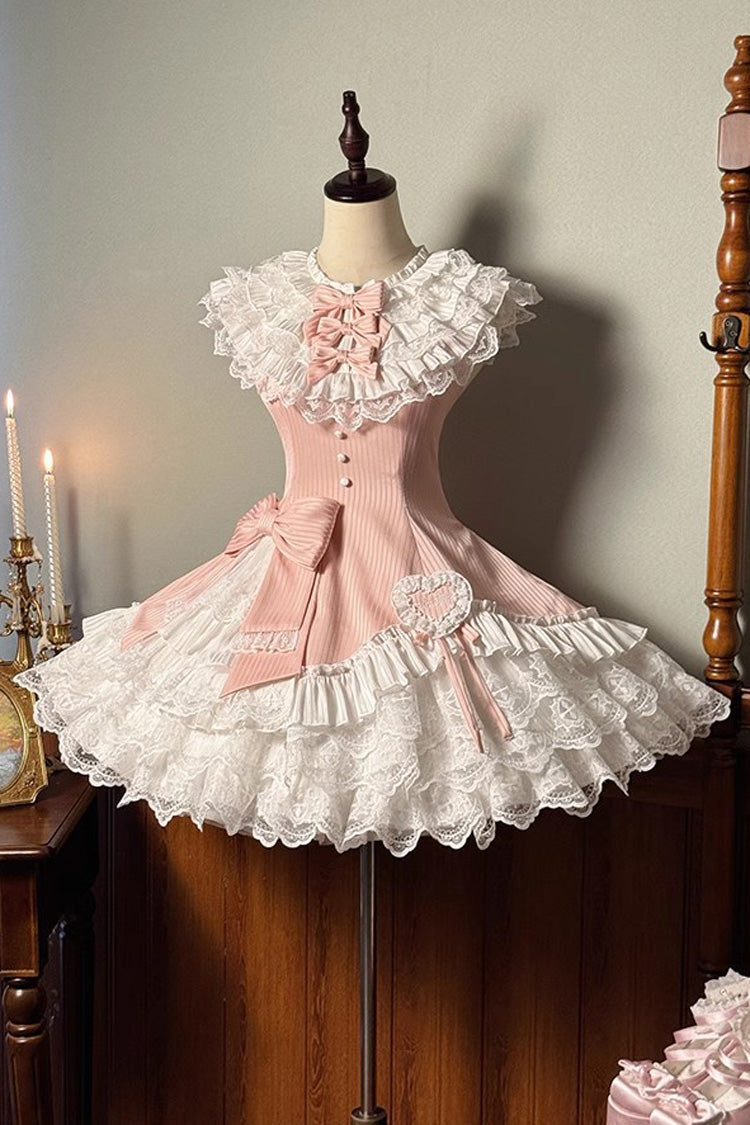 Pink Asymmetric Lace Bow Sleeveless Multi-Layer Ruffle Sweet Lolita Dress - Miss Tsundere