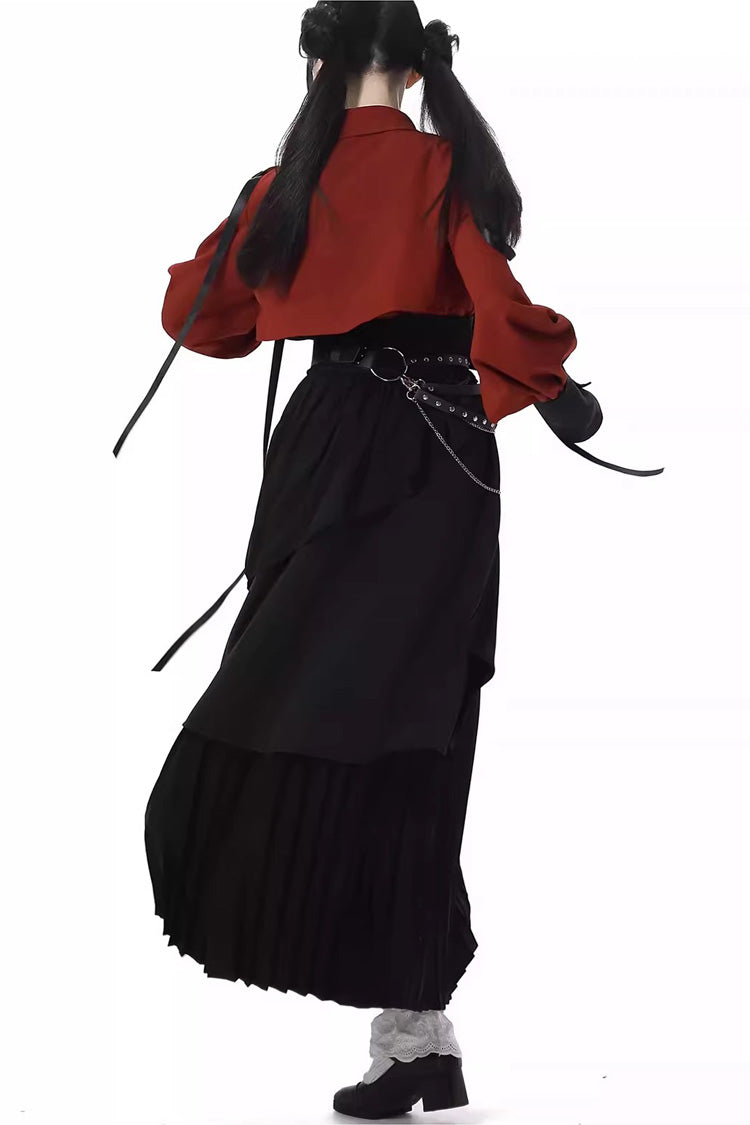 Moonlight Flowing Ruffled Asymmetric Gothic Jirai Kei Skirt Set - Red/Black
