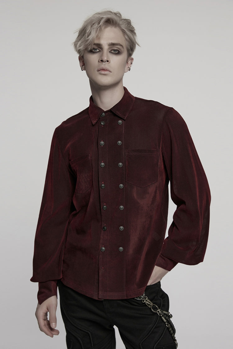 Noir & Crimson Double-Breasted Puff-Sleeve Gothic Shirt