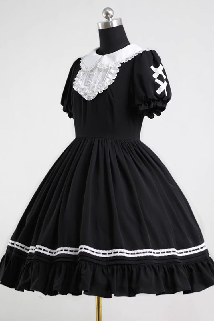 Black Lapel Collar Short Sleeves Ruffle Bowknot Gothic Lolita Maid Dress