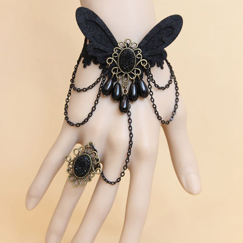 Gothic Lolita Retro Black Lace Ring and Bracelet Jewelry Set