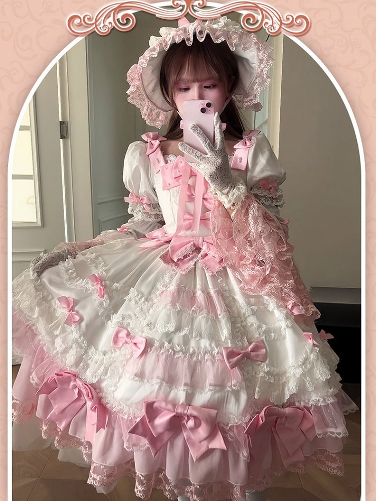 with Sweet Accents High Sleeves White Pink Waist Dress Princess Detachable Bow Lolita