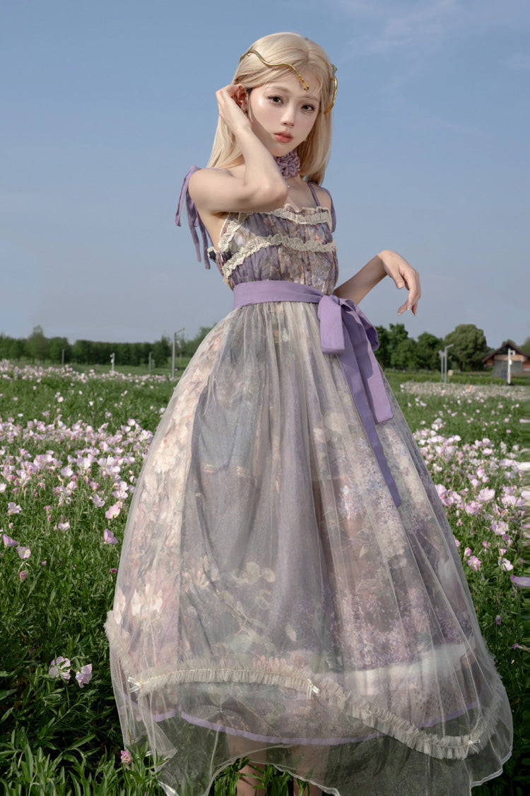 Violet Shaded Blossoms Oil Painting Sleeveless Printed Ruffled Bow Lace JSK