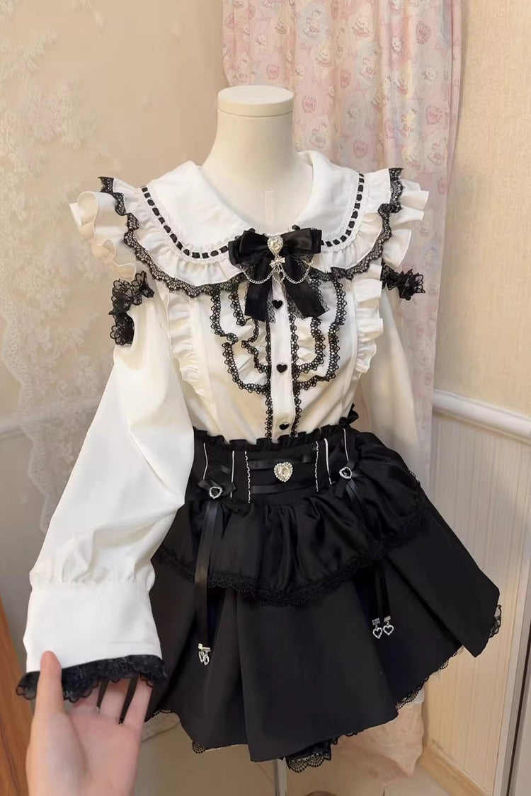Monochrome Doll-Collar Ruffle Bow Sweet Jirai Kei Skirt Set