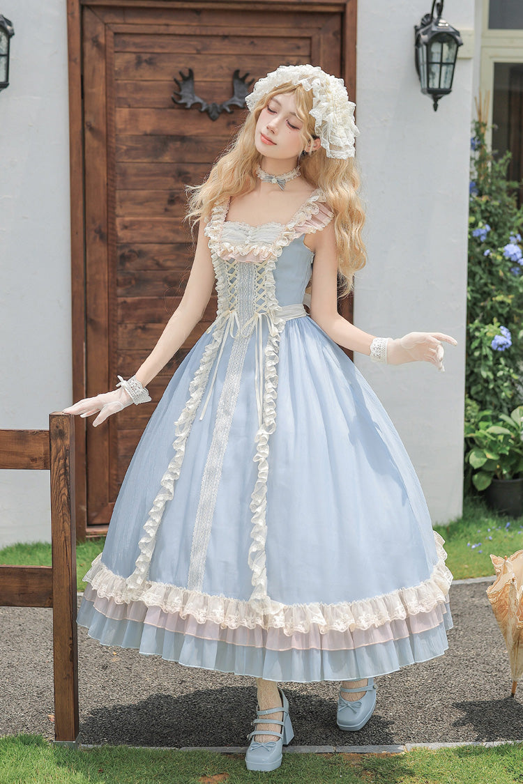 Island Diary Square Collar Flutter Sleeves Triple-Layered Ruffled Lace-Up Sweet Lolita Jsk Dress 2 Versions - Blue