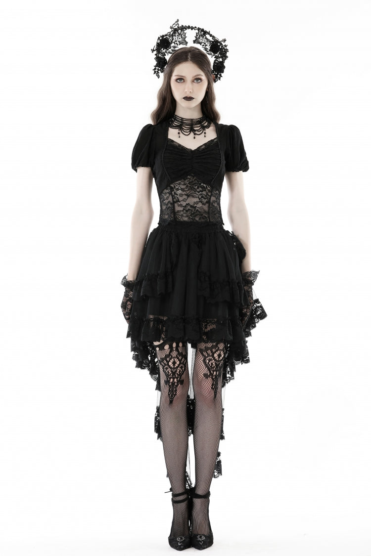 Gothic Swallow Tail Skirt with Irregular Lace Ruffles, Black