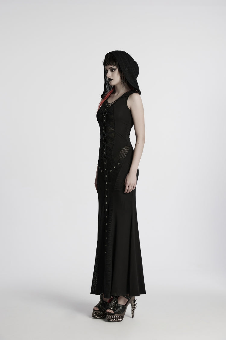 Off Shoulder Sleeveless Spliced Lace-Up Slim Mesh Studded Eyelet Punk Dress