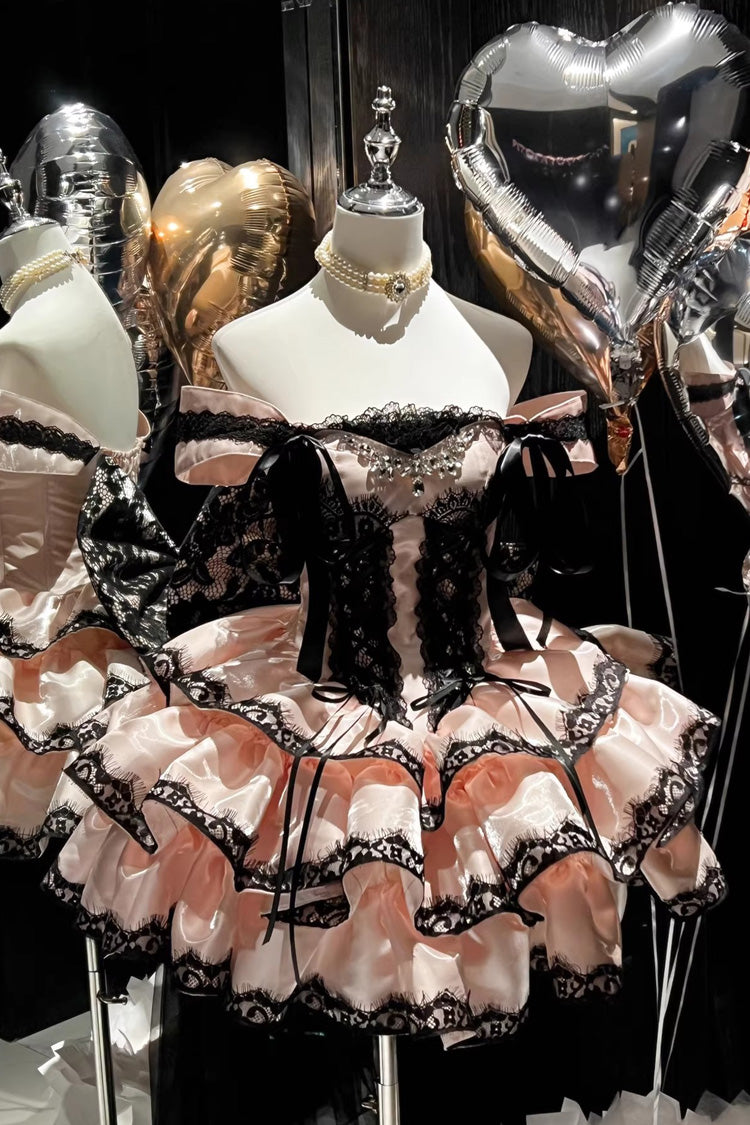 Sweet Lolita JSK Dress with Ruffled Lace and Lace-Up Back - Pink