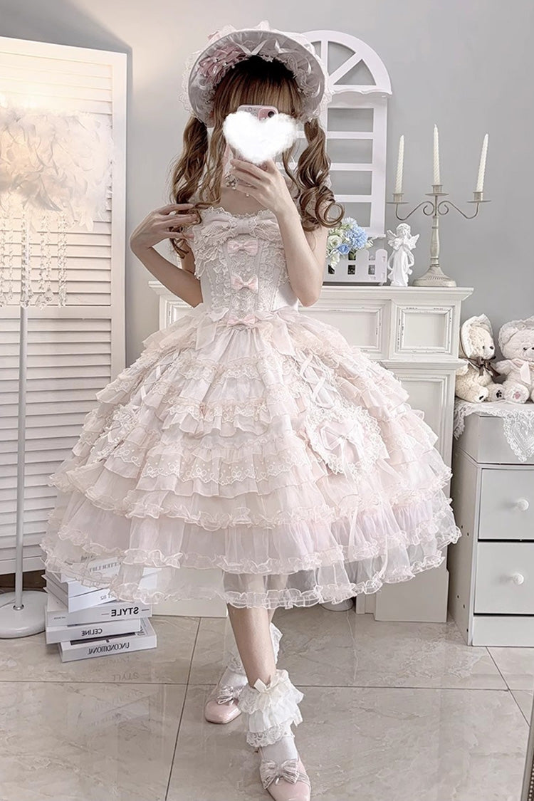 Pink Multi-Layered Ruffled Hanayome Embroidered Bow Lace Sweet JSK - Sweetheart Diary