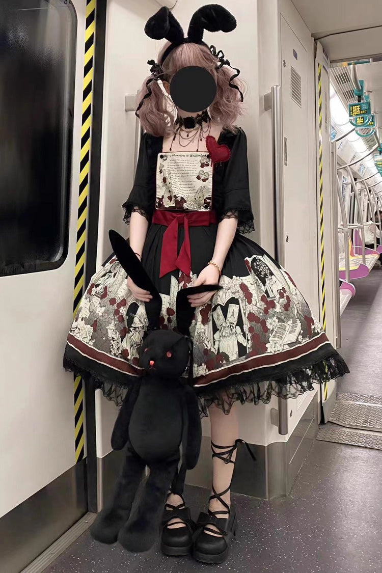 Black Alice of the Asylum Print Bow Lace Gothic Lolita Dress Two Versions