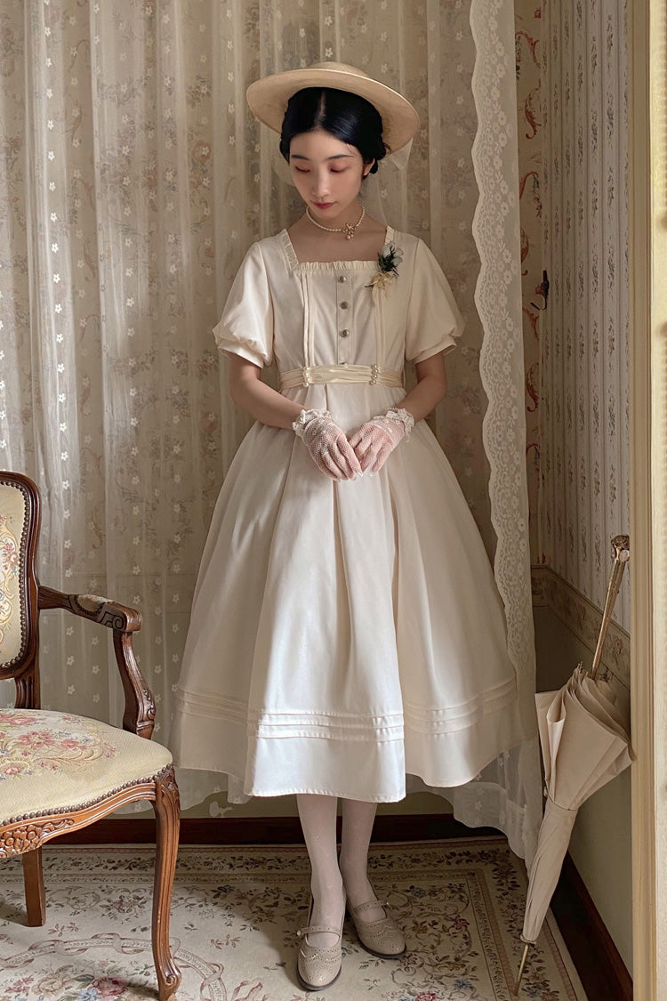 Apricot Classic Vintage Lolita Dress with Square Collar Short Sleeves and Ruffle Trim