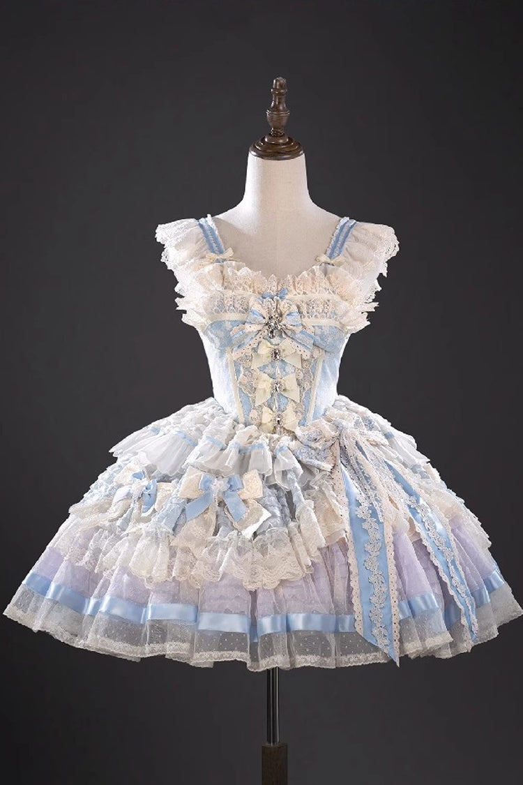 Moonstone Sleeveless Ruffle Embroidery Bow Lace Fishbone Princess Dress in Blue