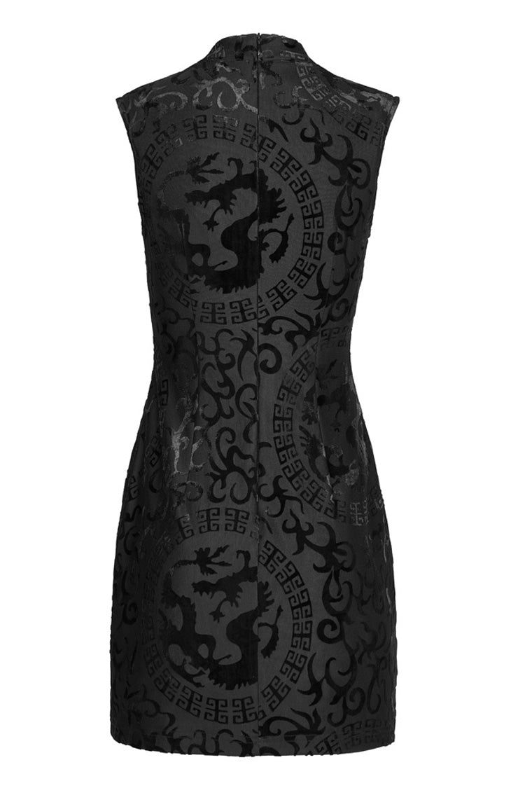 Sleeveless Gothic Gown with Dragon Motif Slit Hem Velvet Stretch