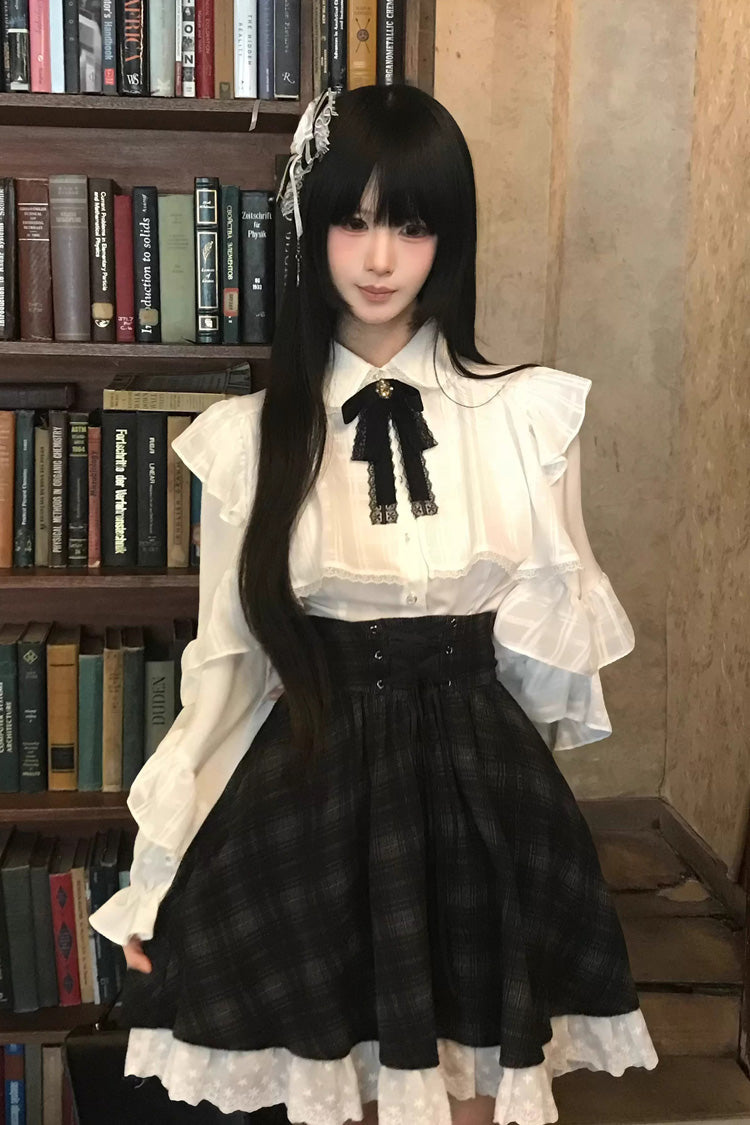 Black/White Long Sleeves Plaid Printed Lace Lace-Up Sweet Jirai Kei Skirt Set