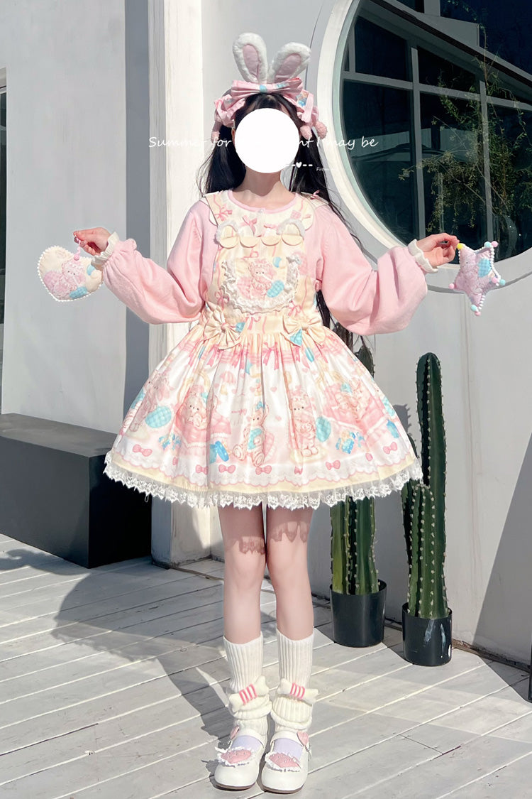 Kawaii Bears Printed Yellow Bow Stitching Lace Sweet Lolita Strap Dress - Miss Brown