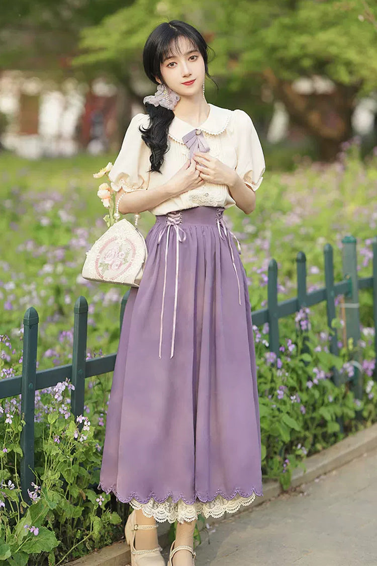 Lapel Collar Short-Sleeve High-Waisted Lace-Up Wave Hem Lolita Two-Piece Set, 7 Colors