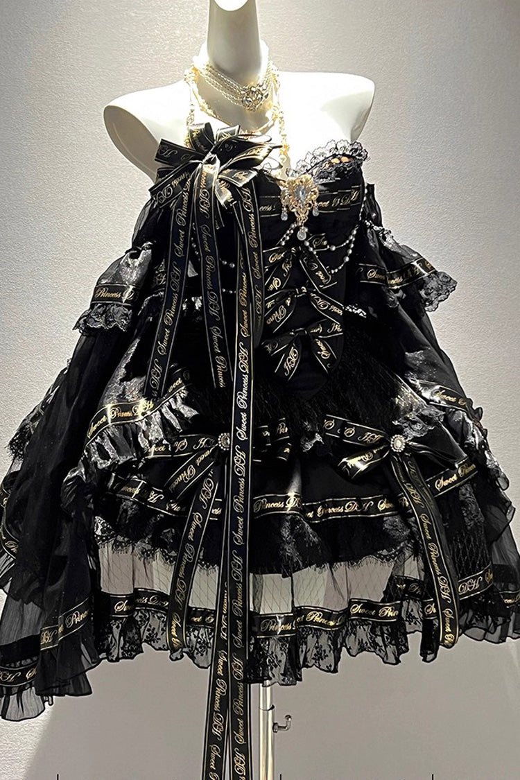 Black Sleeveless Double-Layered Ruffle Bow Pearl Gothic Dress