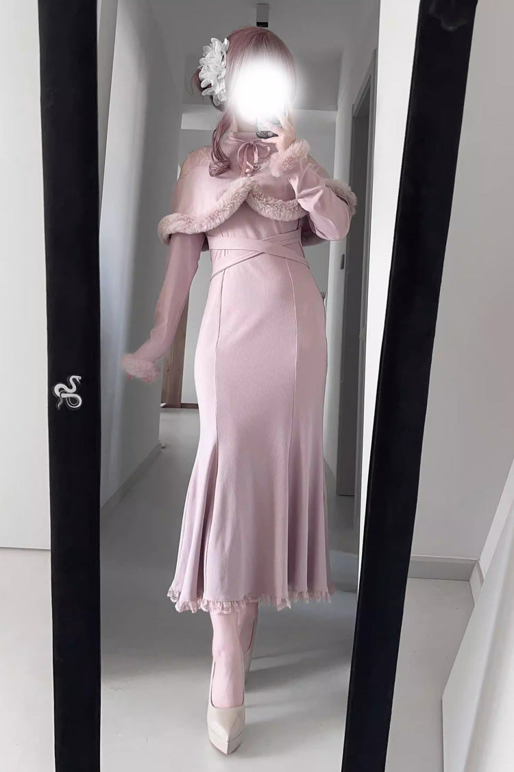 Jirai Kei Stand Collar Off Shoulder Long Sleeves Embroidered Lace Sweet Japanese Fishtail Dress 2 Colors