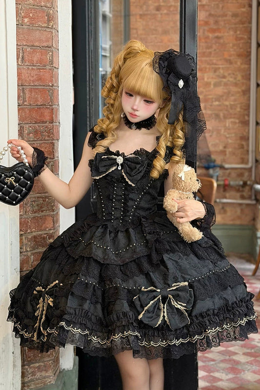 Black Square Collar Lace-Up JSK Dress with Jacquard Ruffles