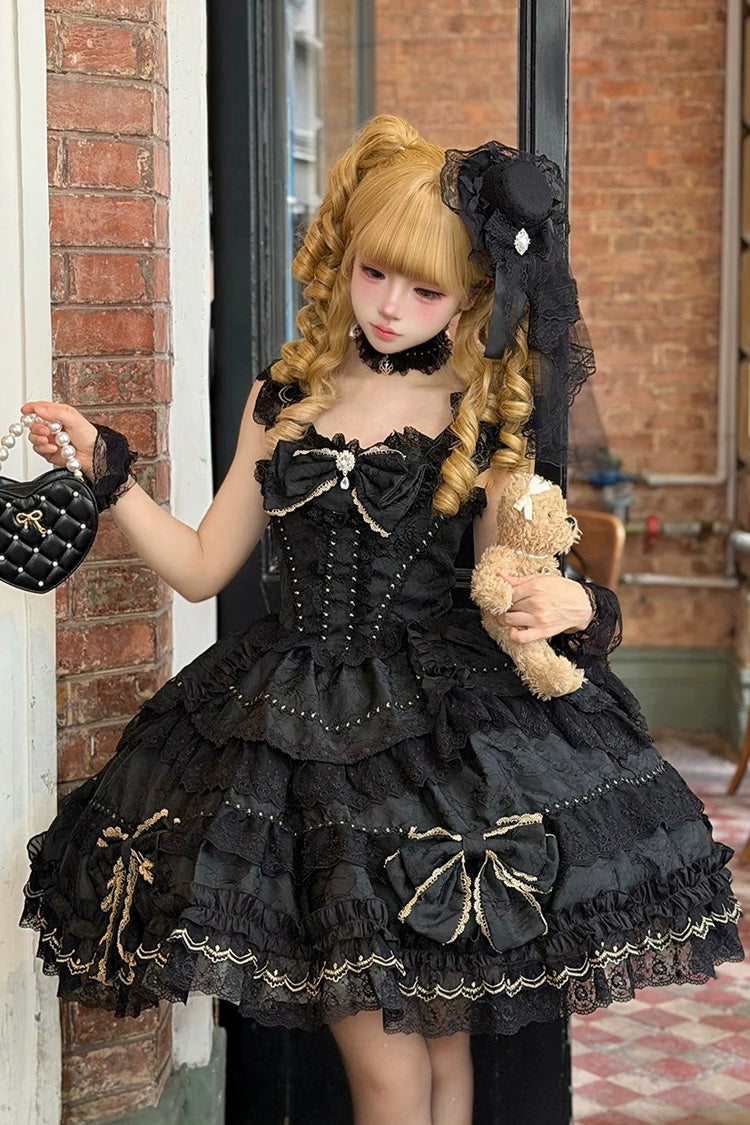 Charcoal Square Collar Layered Jacquard Bow Lace JSK - Day and Night Duality