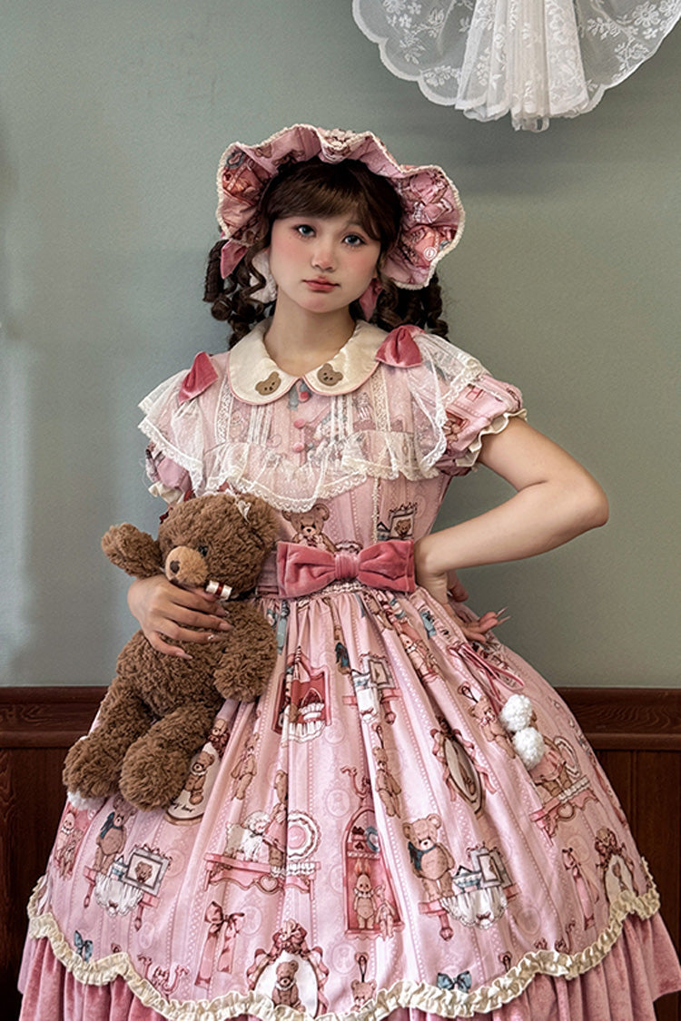 Bear Print Short-Sleeve Ruffled Bow Dress