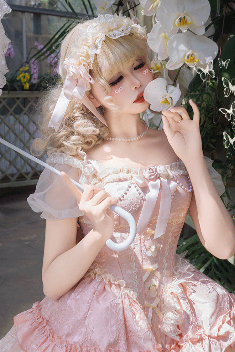Blush Sleeveless Multi-Layer Ruffle Bow Lace-Up Sweet Princess JSK Dress
