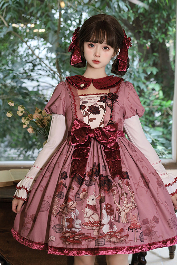 Short Sleeve Rabbit Sunflower Print Ruffle Embroidery Bow Sweet Dress in Red