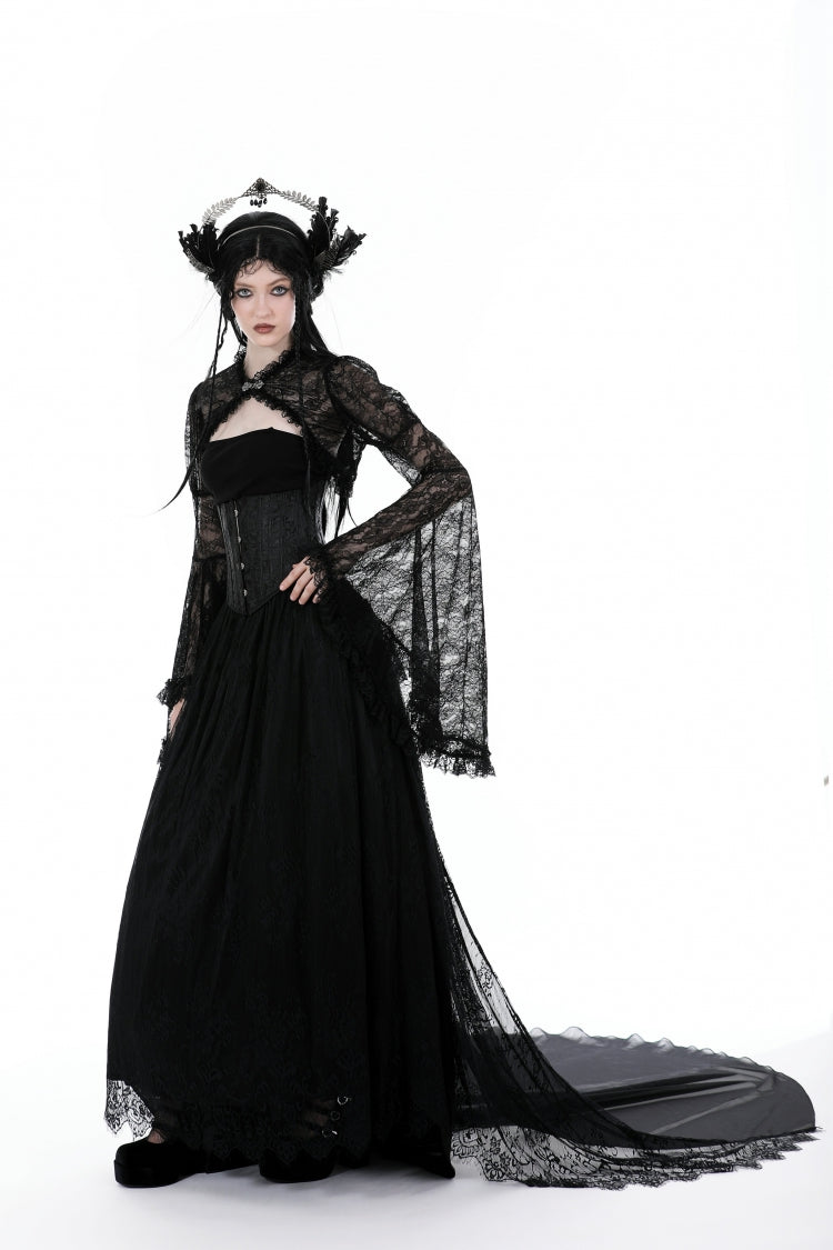 Jet-Black Gothic Cape with Flared Sleeves and Ruffled Lace
